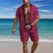 Men's Short Sleeve Shirt & Shorts Set, Summer Waffle Knit Casual Lounge Wear, Comfortable Two-Piece Outfit For Beach Vacation_viptrois.com