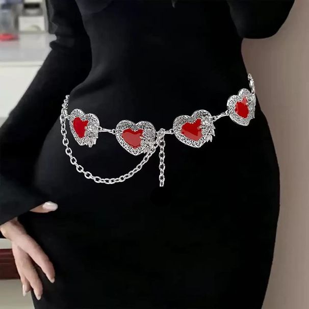 Retro Metal Heart Ruby Inlaid Waist Chain Female Personality European And American Street Skirt Chain Denim Decorative Belt_viptrois.com