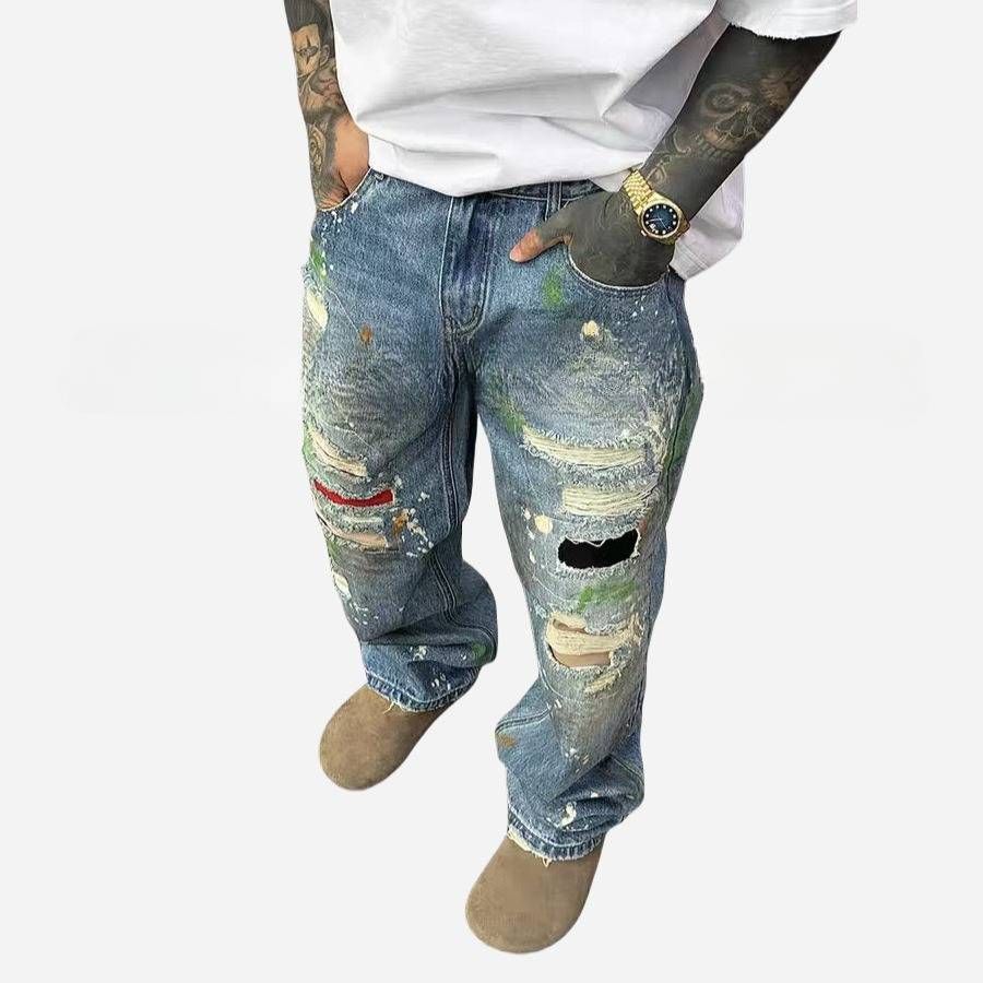 Vintage Distressed Jeans For Men & Women - Washed Denim Pants With Splatter Paint Design, Straight Leg, Stacked, Oversized Fit, Hip Hop Streetwear_viptrois.com