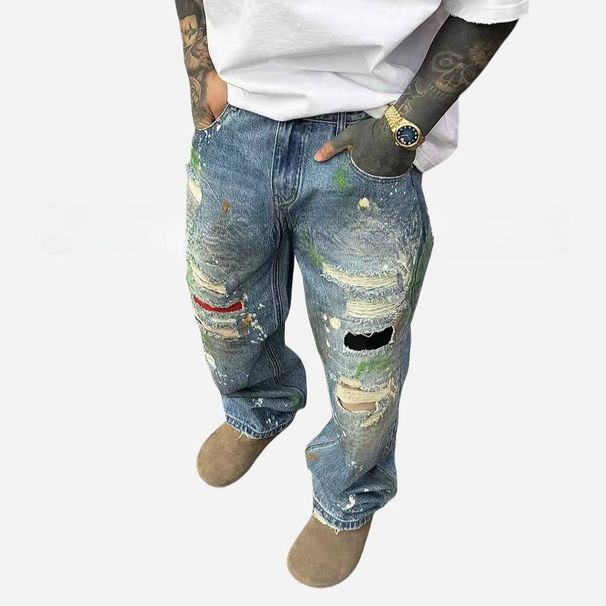 Vintage Distressed Jeans For Men & Women - Washed Denim Pants With Splatter Paint Design, Straight Leg, Stacked, Oversized Fit, Hip Hop Streetwear_viptrois.com
