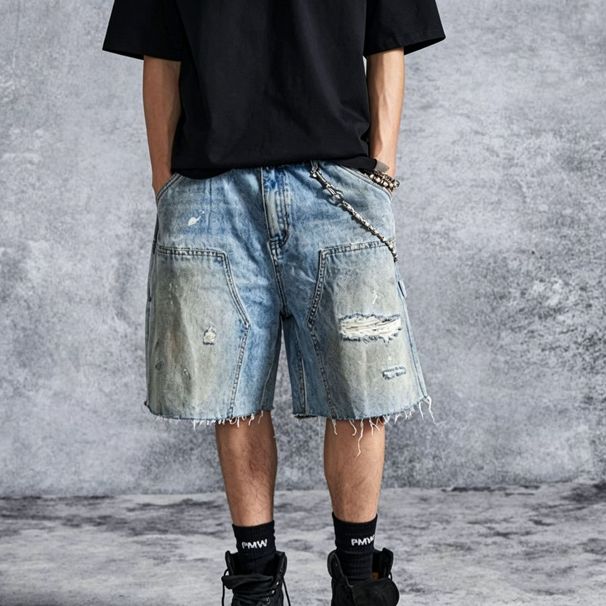 Men's Clothing High Street Style Men's Denim Shorts Loose Fit Distressed And Frayed Hem Summer Fashion_viptrois.com