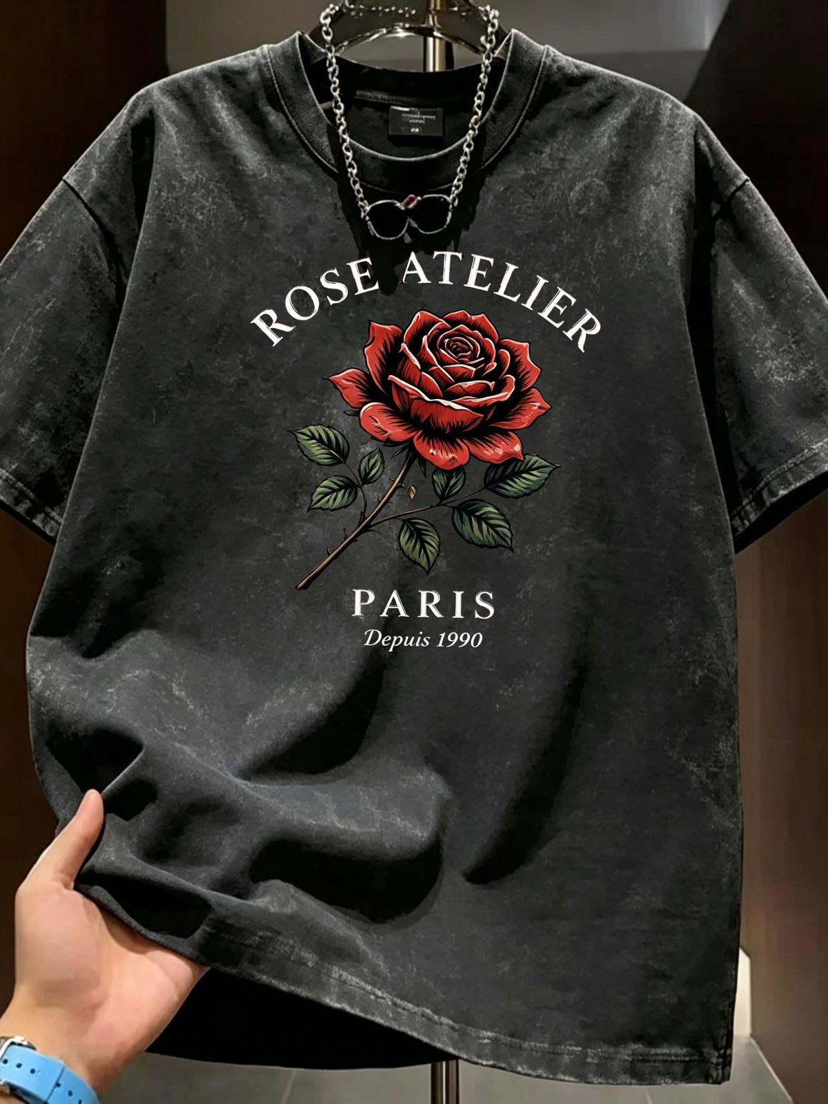 Vintage Washed T-Shirt, Men's Retro Red Rose Graphic, Aesthetic Romantic Style, Casual Loose Street Tee_viptrois.com