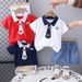 2025 New Summer Children's Men's Tie Bear Short Sleeve Cartoon Round Neck Top Shorts Two Piece Set_viptrois.com