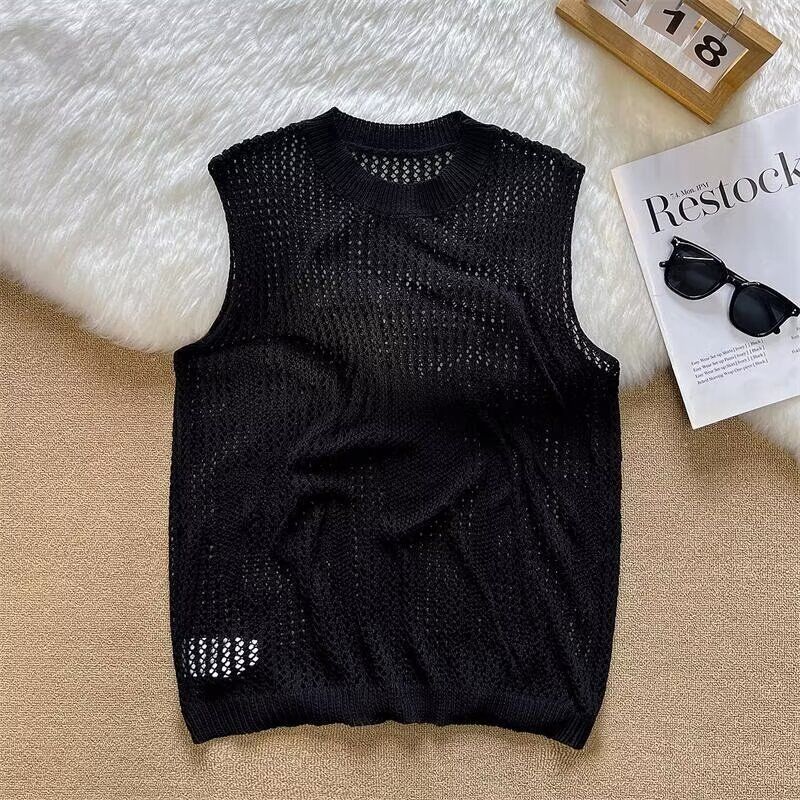 Men's Clothing Summer Hollow Vest T Shirt Men's High End Design Niche Easy To Match Grid Layered Loose Top_viptrois.com