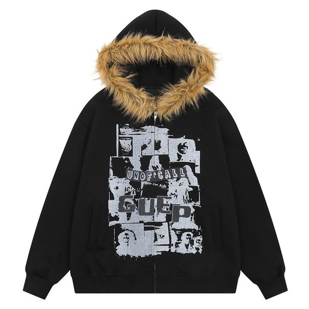 Men's Clothing American Style Fur Collar Printed Sweatshirt Jacket Women's Autumn Winter Niche Design Casual Slim Fit_viptrois.com