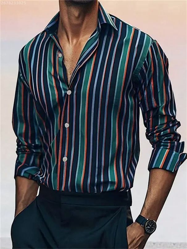 6XL Stripe Button-Down Shirt For Men, Long Sleeve Formal Wear, Wedding/Business, Comfortable Fabric, Black/White/Red_viptrois.com