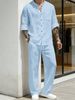2026 Men's Fashion Shirt Long-Sleeved Retro Standing Collar Summer, Autumn, And Winter Linen Youth Long-Sleeved Pants Set_viptrois.com