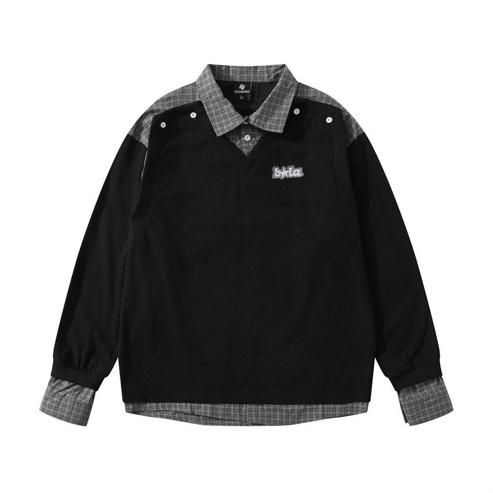 Two-Piece Sweatshirt With Turn-Down Collar, Patchwork Plaid Design, Spring And Autumn Men's Polo Shirt, Long Sleeve_viptrois.com
