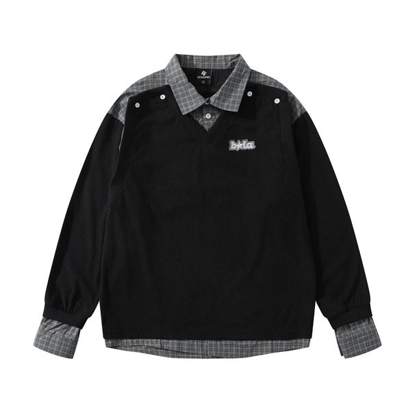 Two-Piece Sweatshirt With Turn-Down Collar, Patchwork Plaid Design, Spring And Autumn Men's Polo Shirt, Long Sleeve_viptrois.com