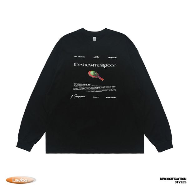American Street Style Abstract Letter Print Cotton Long Sleeve T-Shirt Unisex Loose Fit Top For Autumn And Winter_viptrois.com
