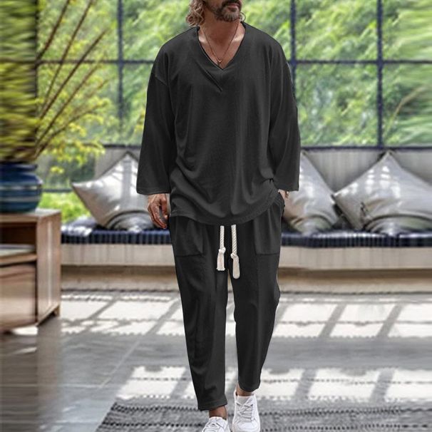 Men's Clothing New Casual V Neck Pullover Long Sleeve Drawstring Pocket Design Tapered Trousers Men's Suit_viptrois.com