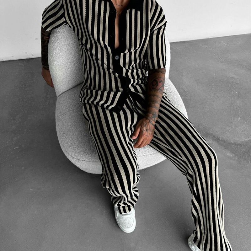 Men's Spring/Summer Striped Collared Shirt And Trousers Two Piece Casual Set Short Sleeved_viptrois.com