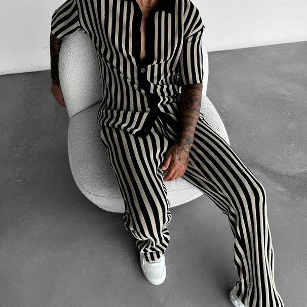 Men's Spring/Summer Striped Collared Shirt And Trousers Two Piece Casual Set Short Sleeved_viptrois.com