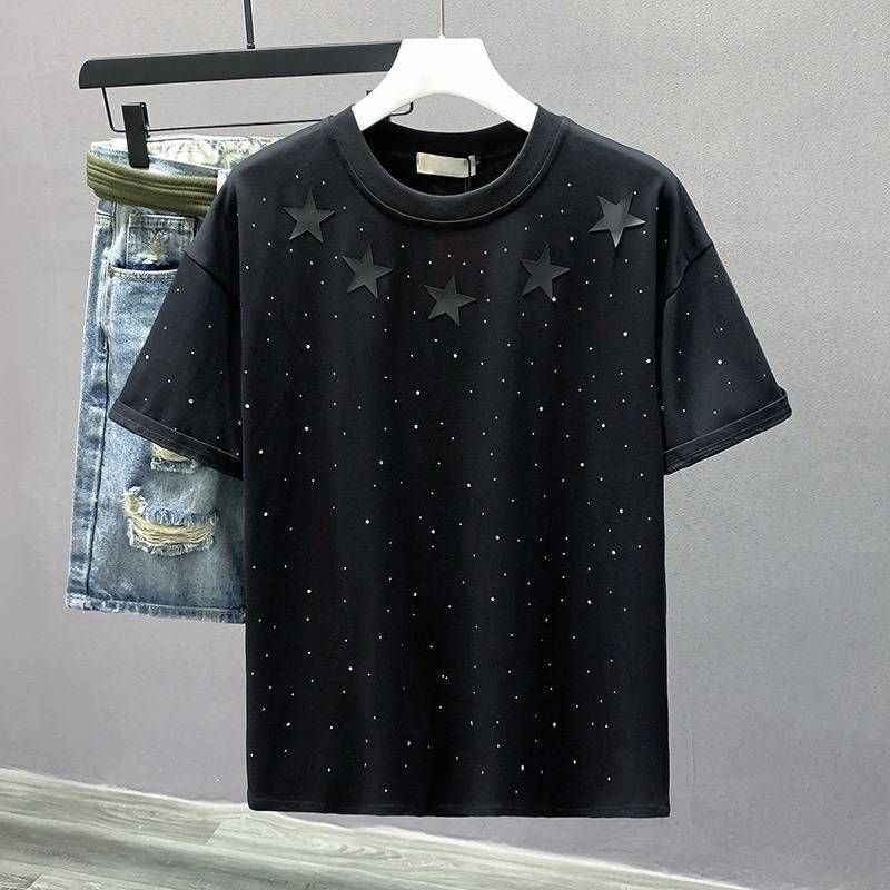 Men's Clothing Fashion Starry Sky Shirt Popular Round Neck Loose T Shirt Youth Four Seasons Hot Diamond Star Short Sleeved Shirt_viptrois.com