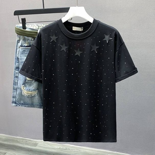Men's Clothing Fashion Starry Sky Shirt Popular Round Neck Loose T Shirt Youth Four Seasons Hot Diamond Star Short Sleeved Shirt_viptrois.com