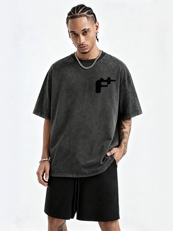 230g Washed Men Casual Tee Silhouette Gun Print Short Sleeve Loose Daily Streetwear T-Shirt_viptrois.com