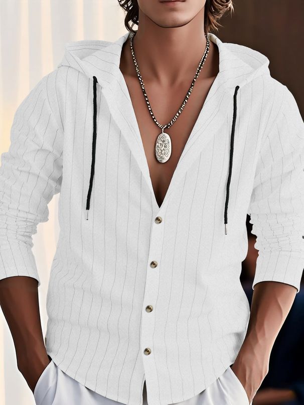 Trendy European Mens Drawstring Hood Long Sleeve Button Down Waffle Shirt Streetwear Blouse_viptrois.com