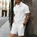 Men's Casual Solid Color Zipper Collar Short Sleeve Shirt Set Inelastic Loose Fit For Summer_viptrois.com