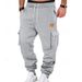 Urban Style Cargo Pants For Men With Leather Logo Patch, Multi-Pocket Design & Drawstring Waist - Comfortable & Trendy Casual Trousers_viptrois.com