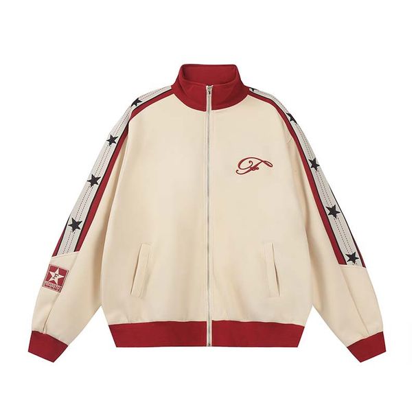 American Style Star Letter Embroidery Patchwork Stand Collar Jacket Men's Fashion Loose Casual Sports Couple Coat_viptrois.com