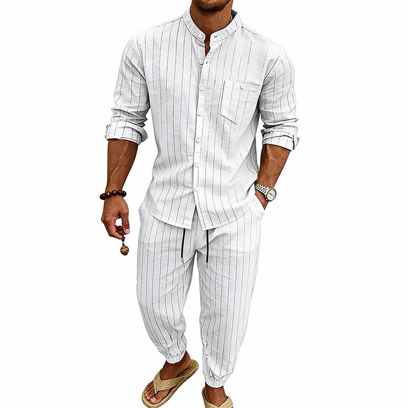 Men's Heavyweight Linen Casual Suit Summer High Street Striped Henley Shirt Joggers Set_viptrois.com