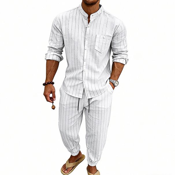 Men's Heavyweight Linen Casual Suit Summer High Street Striped Henley Shirt Joggers Set_viptrois.com