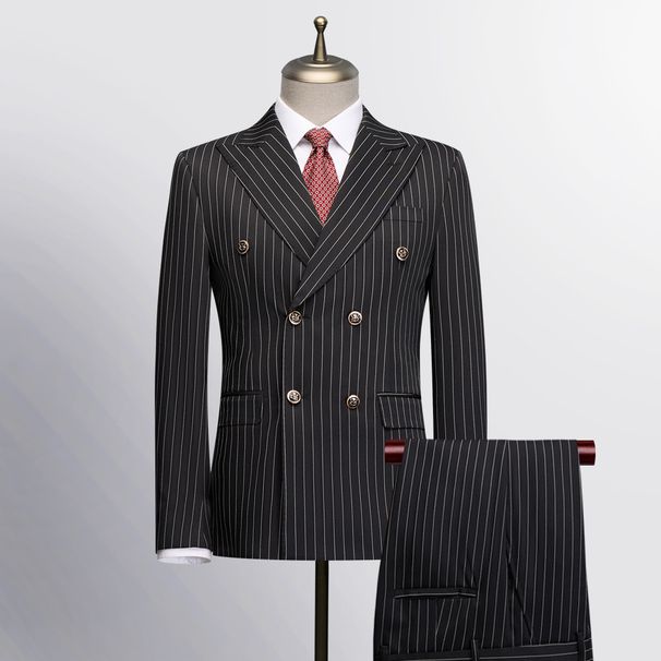 Men's Slim Fit Double-Breasted Stripe Suit Set - Modern Business & Wedding Blazer With Side Vents, Acetate Blend_viptrois.com