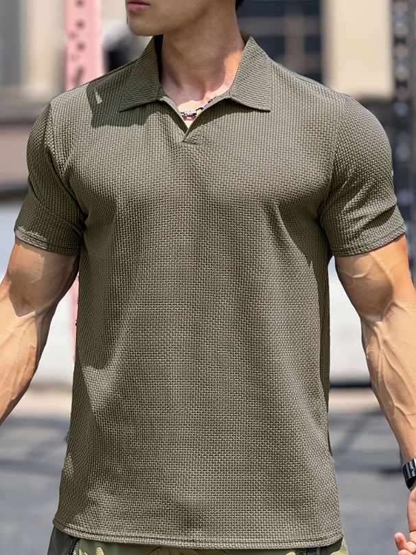 Men's Clothing Men's Summer Sports Fitness Leisure V Neck Elastic Texture Short Sleeved Polo Shirt Men_viptrois.com