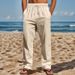 Men's Clothing Casual Beach Pants Trend Button Style Loose Skin Friendly Breathable Sports Linen Trousers_viptrois.com