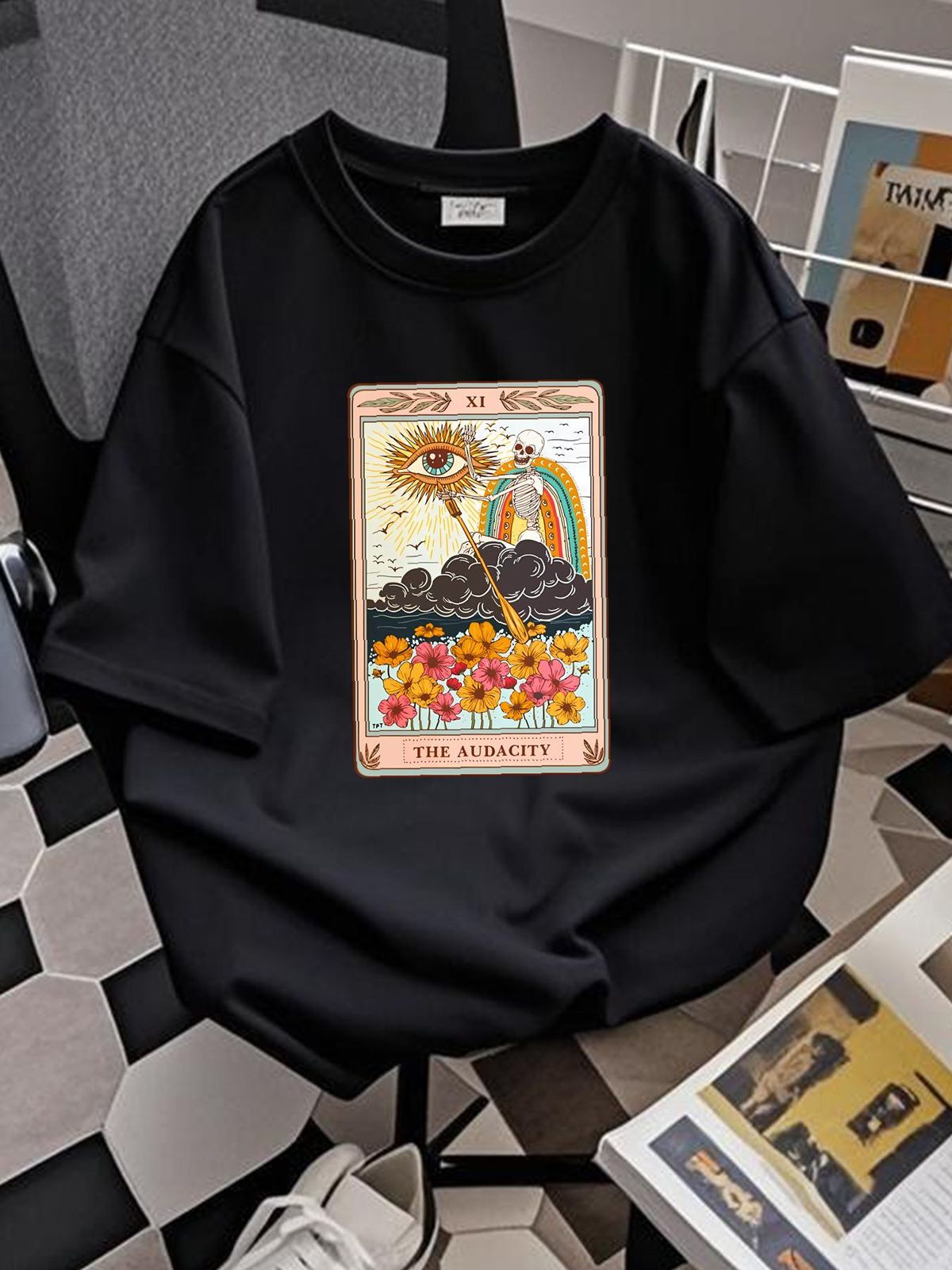 The Audacity Skeleton Tarot Card Sun Eye Aesthetic Art T-Shirt Slightly Designer Clothes Summer Soft Breathable Versatile Stretched Comfortable_viptrois.com