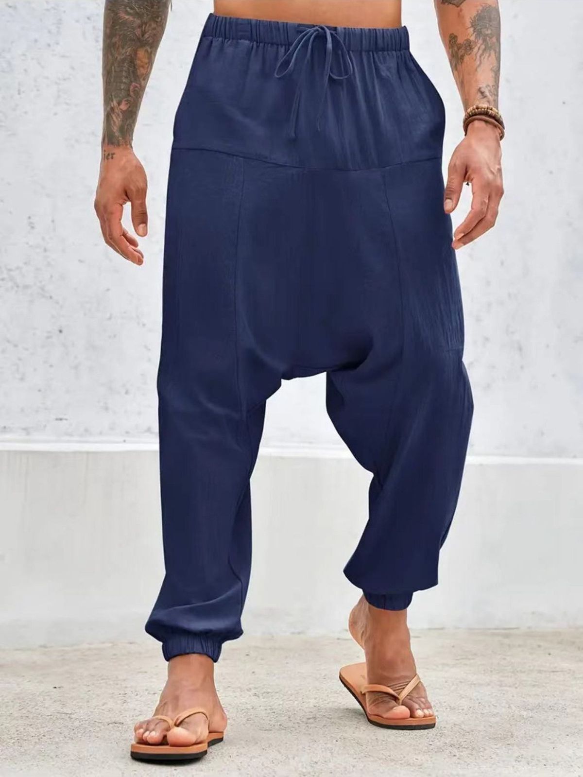 Cotton And Linen Loose Solid Color Casual Pants Summer American Loose Crotch Trousers_viptrois.com