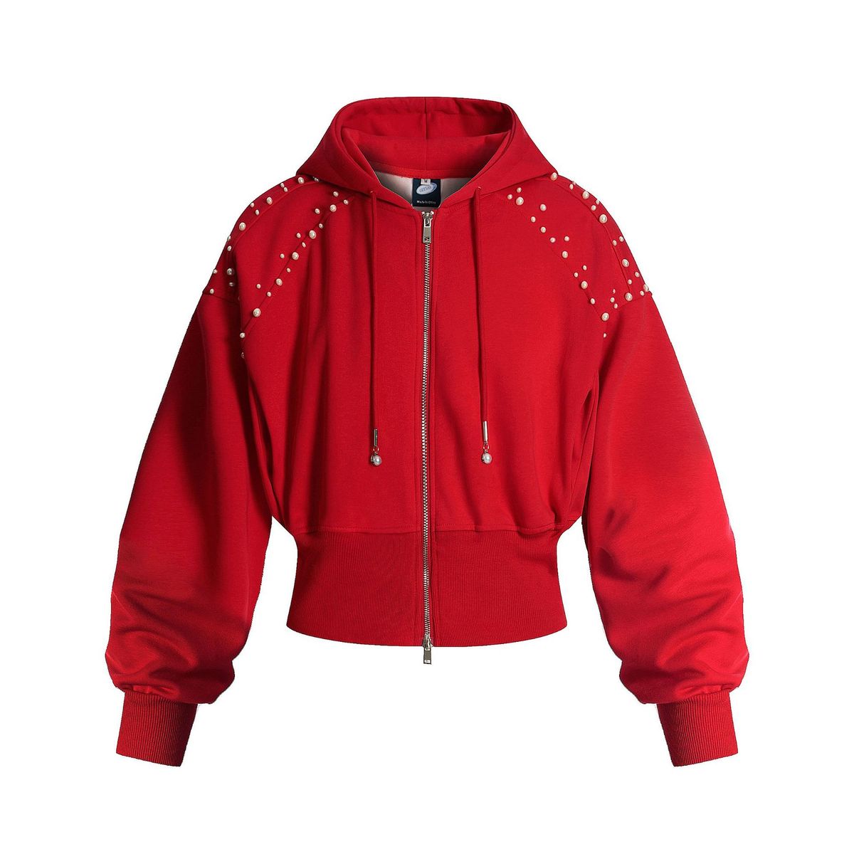 Millennial Streetwear Vintage Style Red Hooded Sweatshirt Women's Short Loose Jacket With 3D Pearl Embroidery Casual Oversized Pullover_viptrois.com