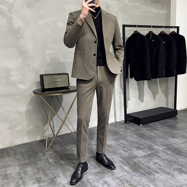 Spring And Autumn Thickened Woolen Casual Suit Men's Suit Korean Version Slim Fit British Style Ruffian Handsome Suit Two-piece Suit For Men_viptrois.com
