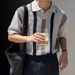 Men's Clothing Summer Breathable Hollow Vertical Stripes Color Matching Knitted Polo Shirt Version Of Light Mature New Design Lapel Short Sleeve Men_viptrois.com