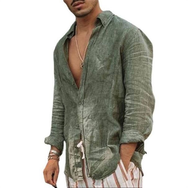 Summer New Men's Solid Color European American Cotton Linen Loose Casual Collar Long Sleeved Shirt_viptrois.com