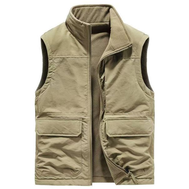 2026 Fashion Waistcoat Men Stand Collar Double Sided Velvet Vest Pure Color Sleeveless Loose Zipper Multi Pocket Casual Workwear Vest_viptrois.com