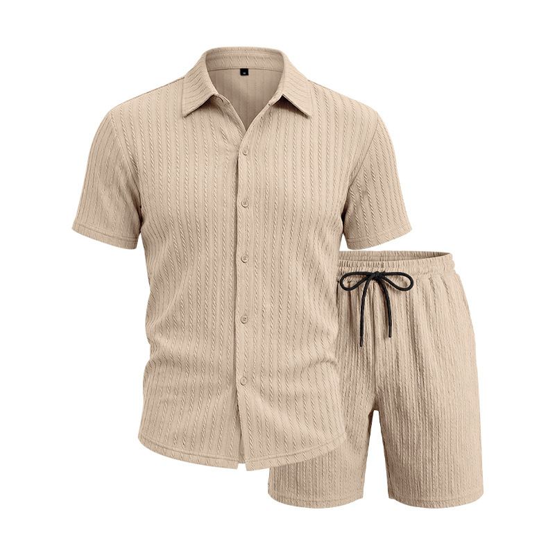 Men's Summer Jacquard Short Sleeve Shirt And Shorts Lounge Set, Breathable Comfort For Relaxation Breathable & Lightweight Fabric_viptrois.com