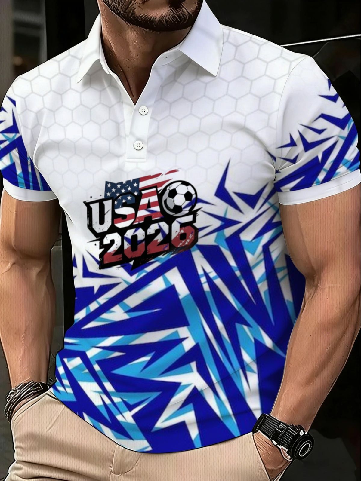 Polo Uomo Taglio Dritto Traspirante Stampa Geometrica Calcio USA 2026, Colletto Manica Corta Estivo Sport Casual Taglie Europee_viptrois.com