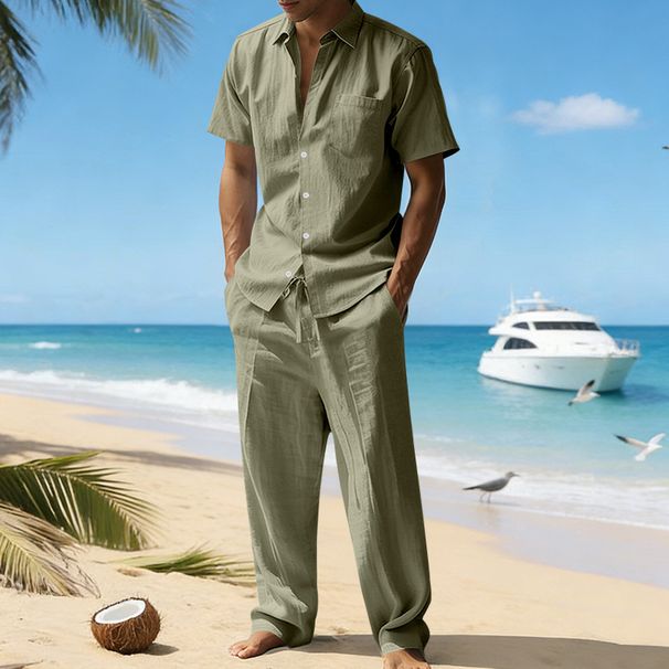 Men's Summer Linen Collared Shirt Set Short Sleeved Casual Two Piece Set American Style Menswear_viptrois.com