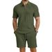 Men's Summer Short Sleeve Knit Polo Shirt With Jacquard Texture And Shorts Set, Casual Turn-Down Collar Outfit For Daily Wear_viptrois.com