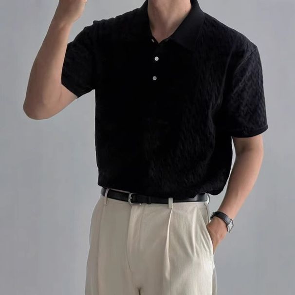 Men's Clothing Gray Twisted Short Sleeved Knitted POLO Shirt Summer Fitness Slim Stretch T Shirt Lapel Retro Top_viptrois.com