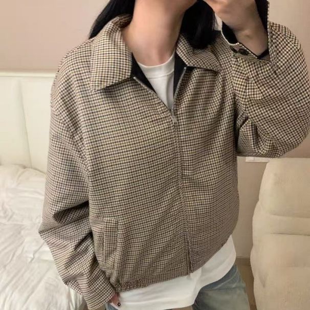 American Retro Houndstooth Harrington Reversible Flight Jacket Unisex Cleanfit Short Two-Way Coat Trendy_viptrois.com