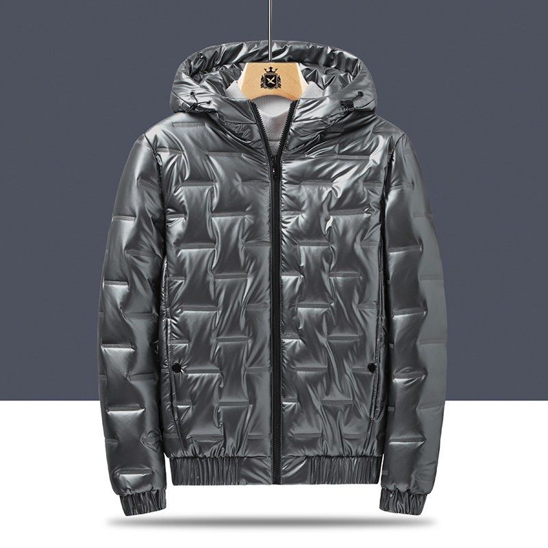 Men's Solid Hooded Down Coat Glossy Fabric Winter Coat Zip-up Puffer Jacket Long Sleeve Elastic Cuff Warmer Coat Men Clothes_viptrois.com