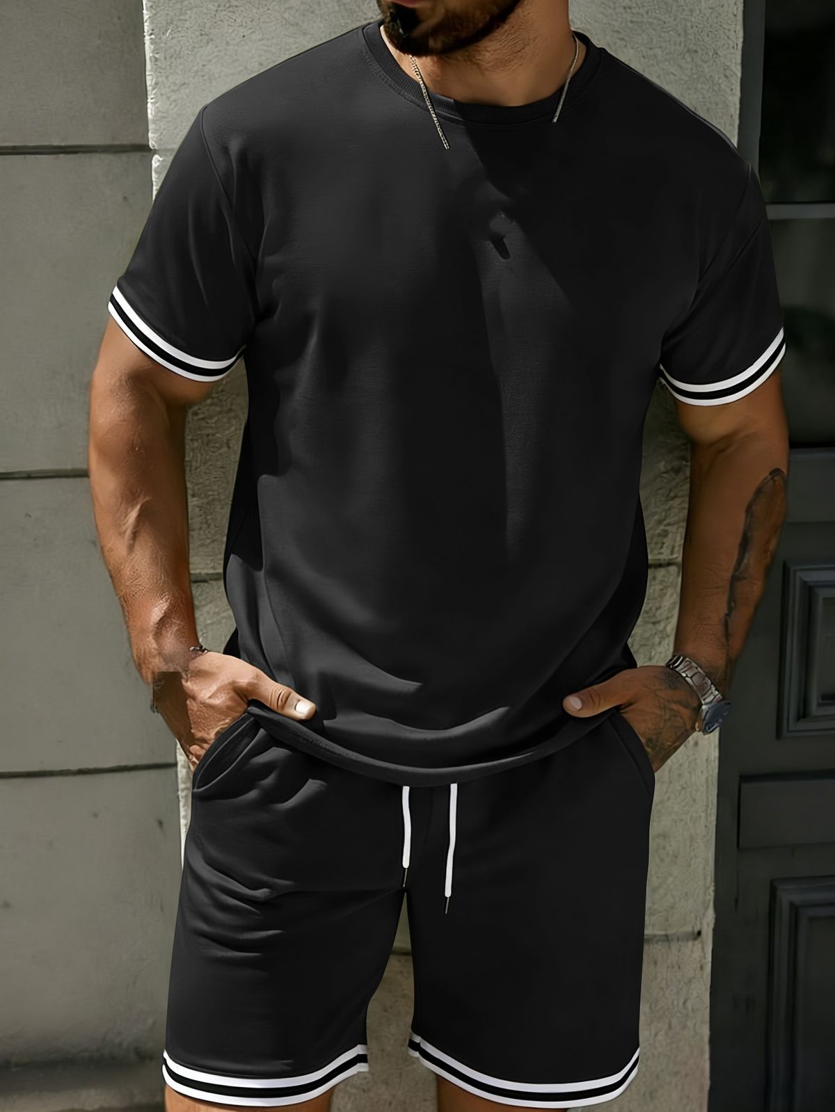 2026 Summer European Men's Solid Color Casual Sport Stripe Round Neck Short Sleeve Shorts Set_viptrois.com