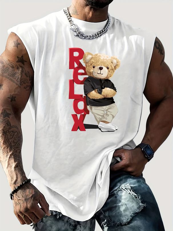 100% Pure Cotton Men's Summer Casual Sports Fitness Loose RELDX Bear Pattern Printed Breathable Round Neck Sleeveless Vest_viptrois.com