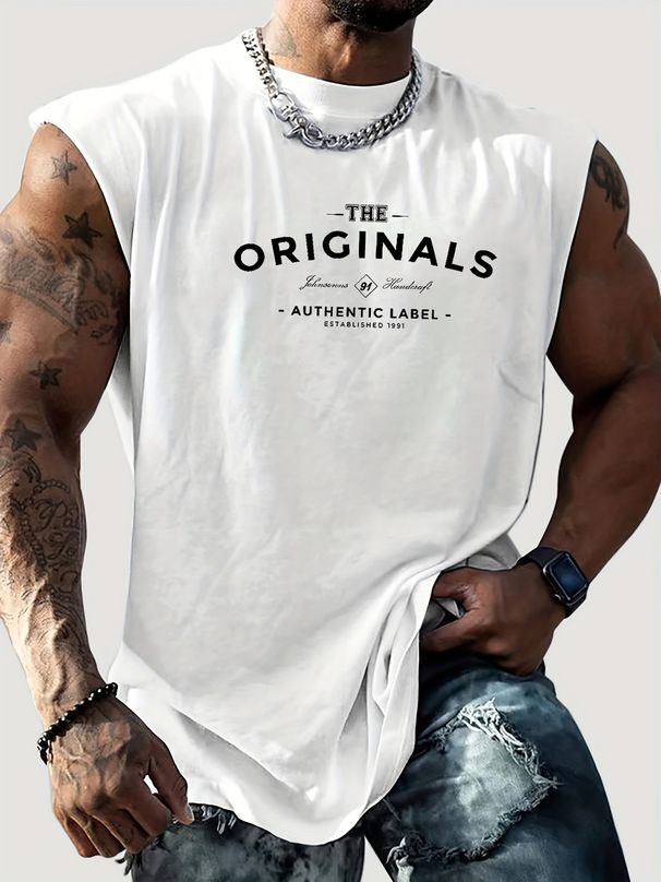 100% Pure Cotton Men's Summer Casual Sports Fitness Loose Retro Letter Pattern Printed Breathable Round Neck Sleeveless Vest_viptrois.com
