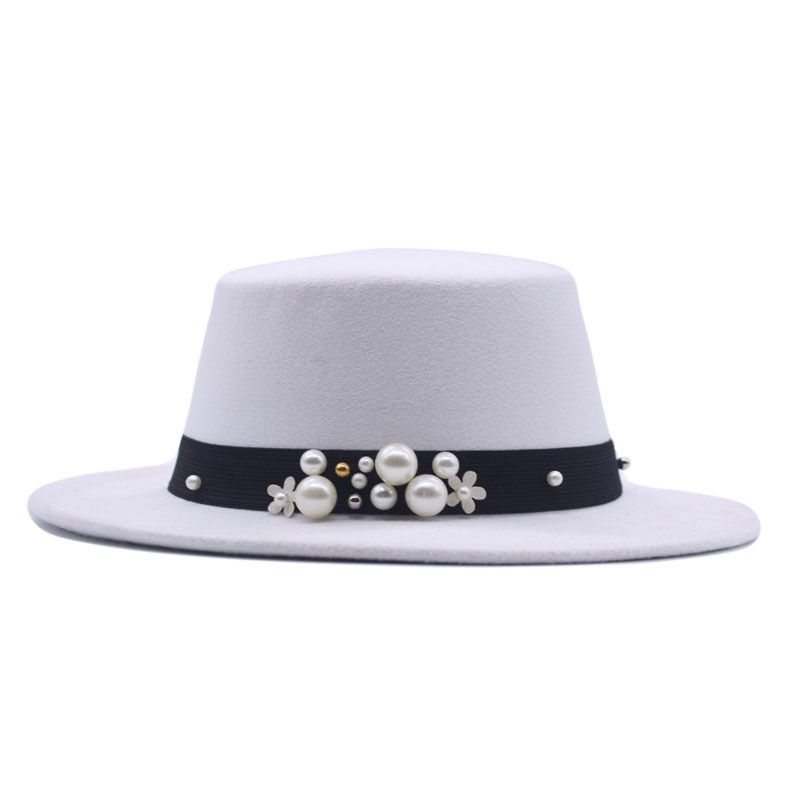 French British style pearl ribbon flat top hat autumn and winter new wool hat female gentleman hat wide brim felt hat_viptrois.com