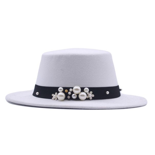 French British style pearl ribbon flat top hat autumn and winter new wool hat female gentleman hat wide brim felt hat_viptrois.com