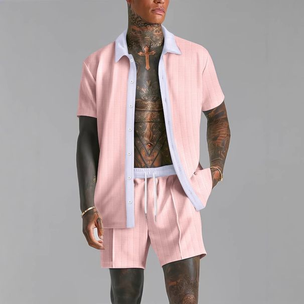Men's Clothing Off Shelf Men's Casual Color Matching Short Sleeved Shirt Comfortable Shorts Two Piece Set_viptrois.com
