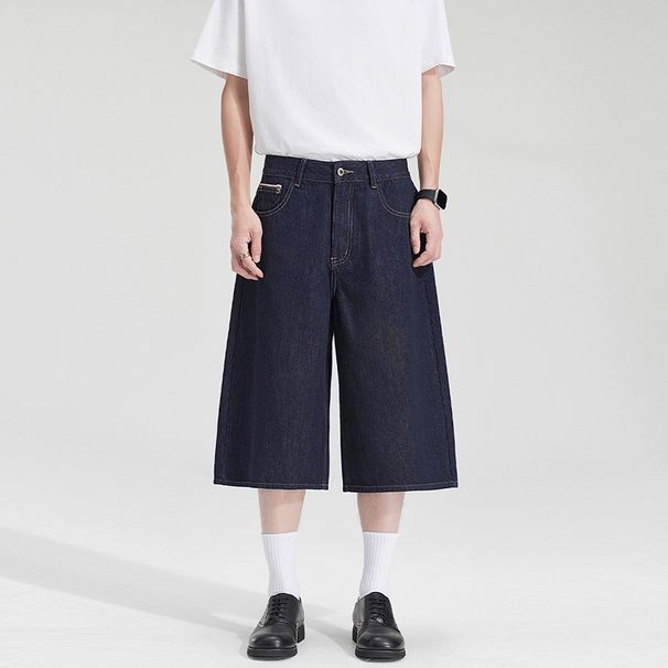 LKTM Men's Minimalist Wide Leg Cropped Jeans Loose Fit Raw Denim Unisex Cleanfit Shorts_viptrois.com